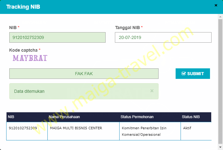 SURAT TRACKING NIB Maiga Travel