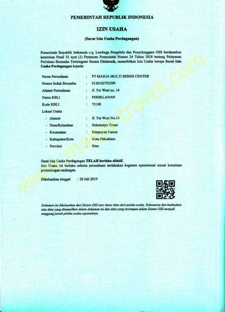 SURAT IZIN USAHA PERDAGANGAN Maiga Travel